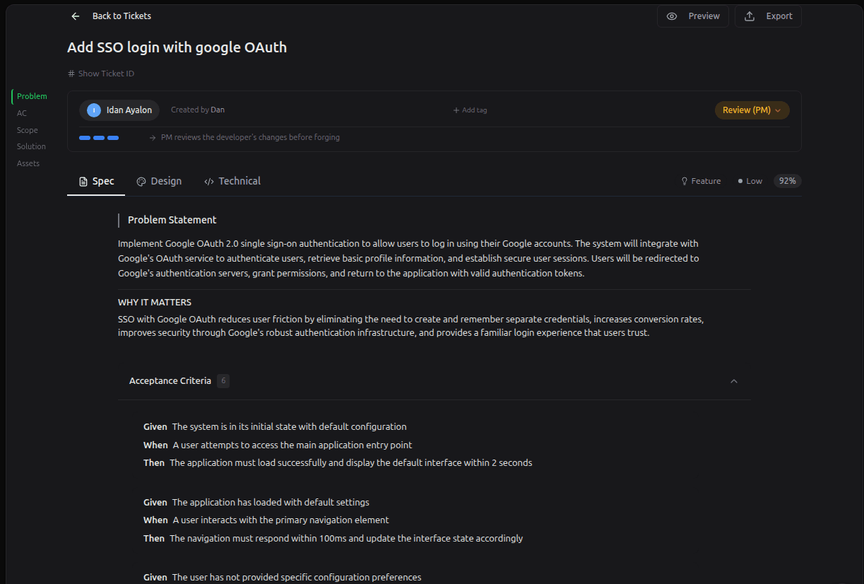 Forge web app showing an AI-enriched ticket spec with problem statement, acceptance criteria, and quality score